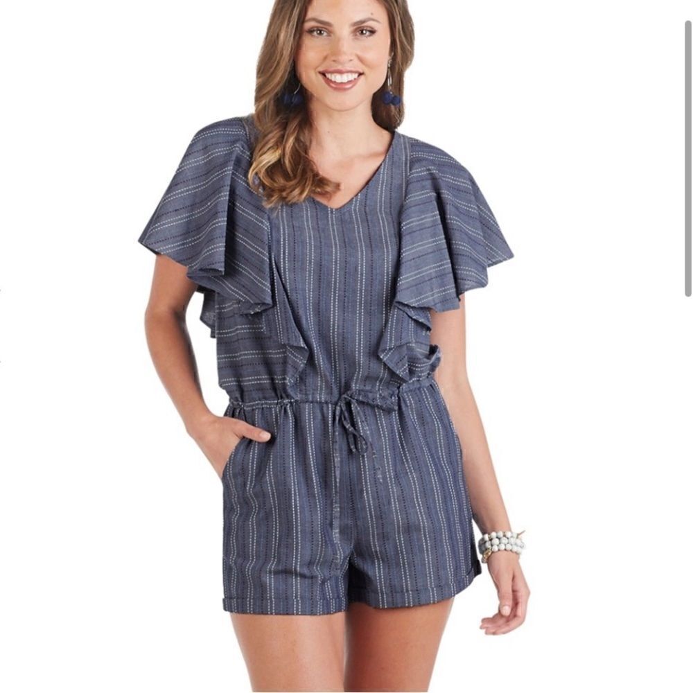 MUDPIE ISLA RUFFLE SLEEVE BLUE STRIPE ROMPER - XS